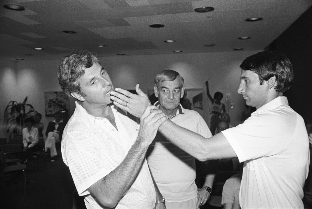 Bob Knight illustrates the incident that led to his arrest in Puerto Rico in 1979 to then-assistant coach Mike Krzyzewski.