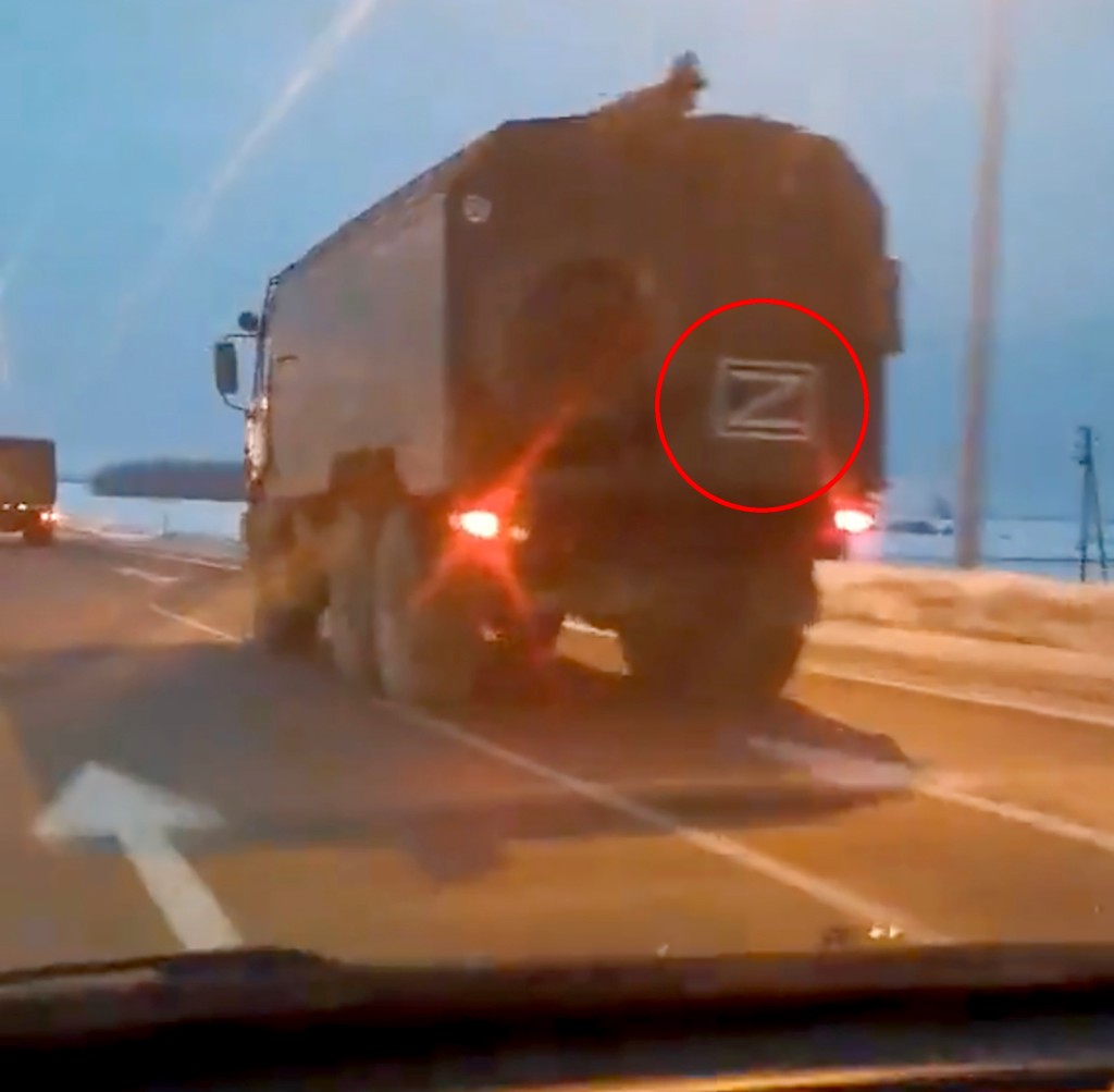 Russian Rosgvardia forces are seen with a Z mark in the Belgorod region.