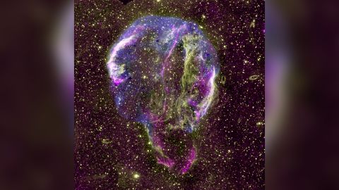 A radio (purple), ultraviolet (yellow) and X-ray (blue) image of the Milky Way's supernova remnant is shown. 