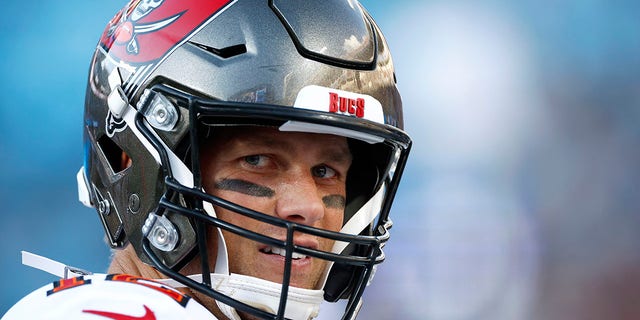 Tom Brady of the Tampa Bay Buccaneers looks during the second half of a game against the Carolina Panthers at Bank of America Stadium on December 26, 2021 in Charlotte, North Carolina.
