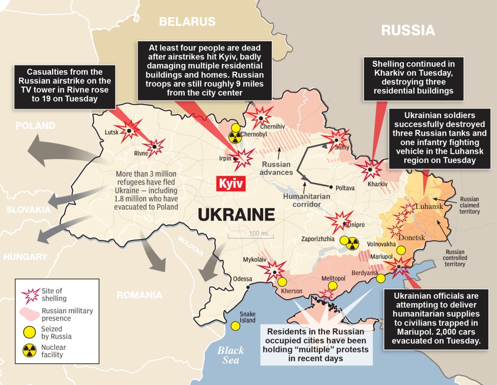 A map shows the advance of Russian forces in Ukraine.  