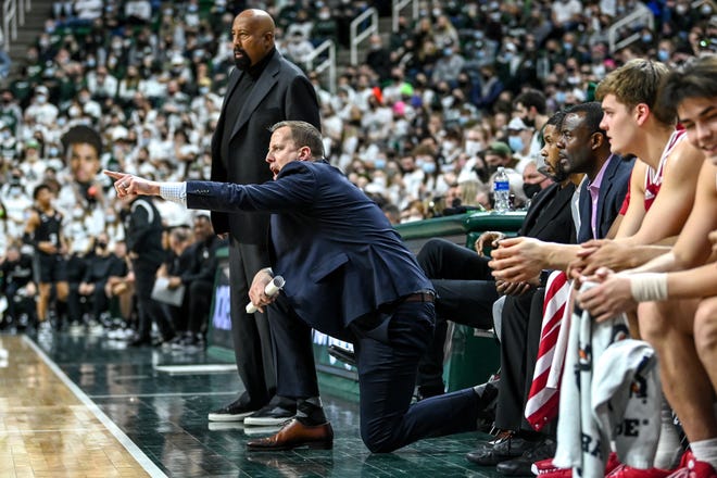 Indiana assistant coach Dean Fife calls out the players during the first half of a game against Michigan State on Saturday, February 12, 2022, at Priceline Center in East Lansing.  Fife is a former assistant coach at Michigan State University.