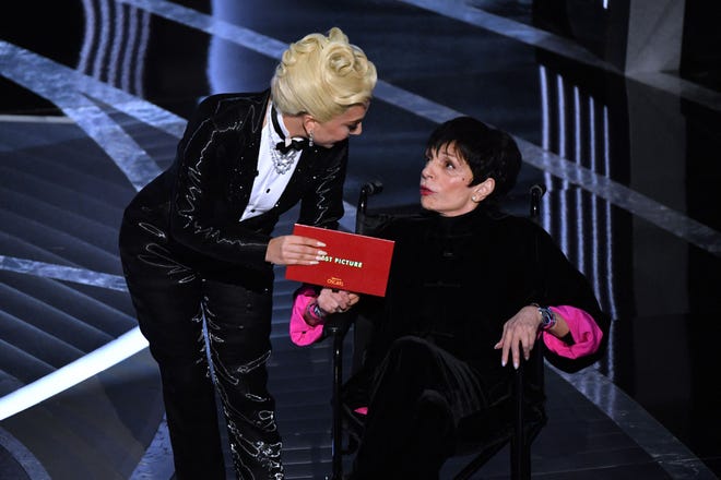 Lady Gaga, left, and Lisa Minnelli announce the Best Picture category onstage during the Academy Awards on Sunday.