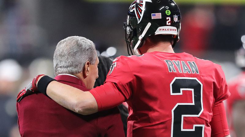 Falcons quarterback Matt Ryan gives owner Arthur Blank a hug before he plays at New Orleans Saints Thursday, December 7, 2017, in Atlanta.