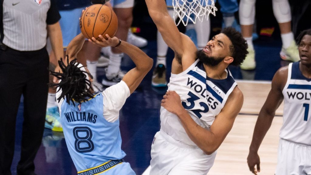 Karl-Anthony Towns of Minnesota Timberwolves recovers in Game 4 win over Memphis Grizzlies