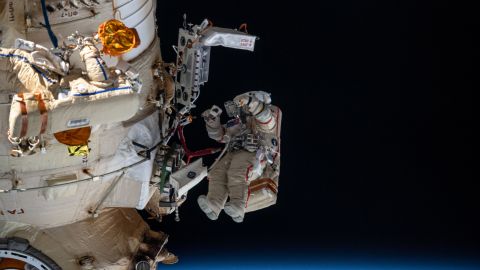 Russian cosmonauts Denis Matveyev and Oleg Artemyev worked outside the Russian part of the station for six hours and 37 minutes on April 18.