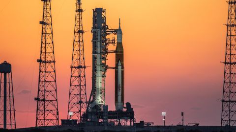 The stack of Artemis I rockets can be seen at sunrise on March 21 at the Kennedy Space Center in Florida. 