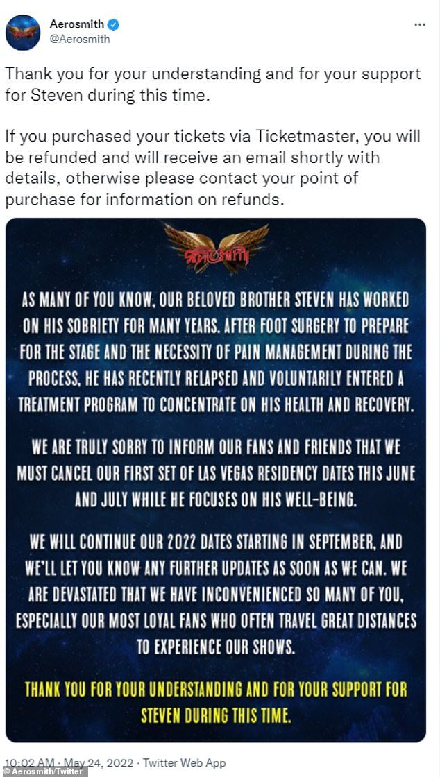 “We will continue our dates for 2022 starting in September, and we will let you know of any further updates as soon as possible,” the statement read.  We are devastated because we upset many of you, especially our most loyal fans who often travel long distances to try out our shows.  Thank you for your understanding and support to Stephen during this time 