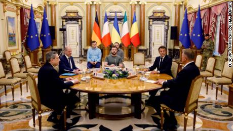 (From left) Italian Prime Minister Mario Draghi, German Chancellor Olaf Scholz, Ukrainian President Volodymyr Zelensky, French President Emmanuel Macron and Romanian President Klaus Iohannis meet for a working session at the Mariinsky Palace in Kyiv on June 16, 2022. 