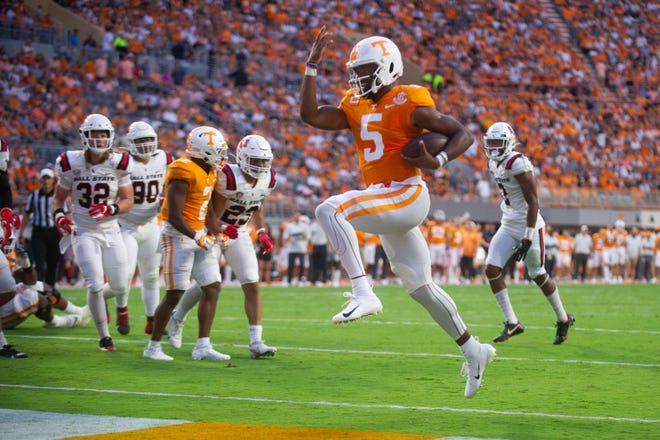 Tennessee State quarterback Hendon Hooker (5) jumps into the end zone during the Tennessee football game against Bull State in Neyland Stadium, Knoxville, Tennessee on Thursday, September 1, 2022.