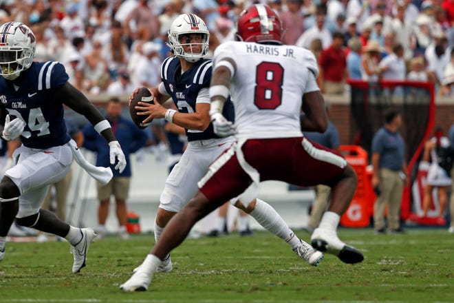 3 September 2022;  Oxford, Mississippi, USA;  Mississippi Rebels quarterback Jackson Dart (2) passes the ball during the first half against Troy Troy at Fout Hemingway Stadium.  Mandatory credit: Petre Thomas-USA TODAY Sports