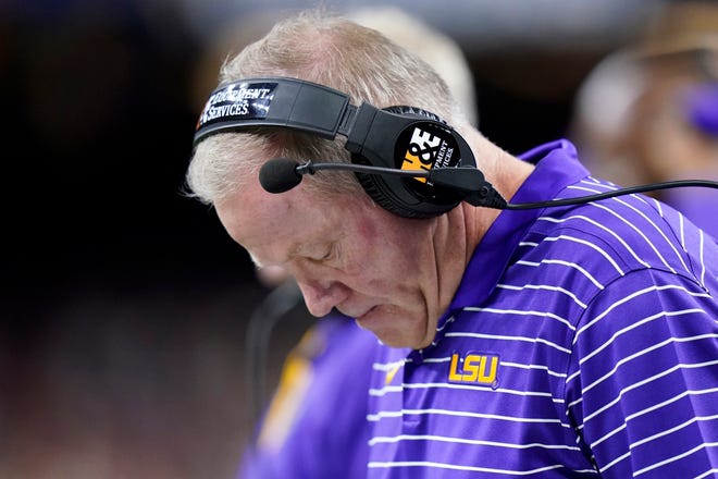 LSU head coach Brian Kelly looks toward the ground in the second half of an NCAA college football game against Florida State in New Orleans, Sunday, September 4, 2022. Florida State won 24-23.  (AP Photo/Gerald Herbert)