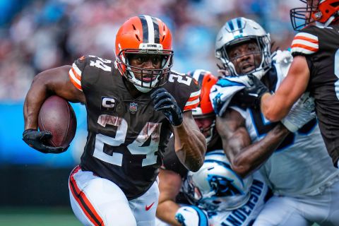 Cleveland Browns running back Nick Chubb runs in the red against the Carolina Panthers on September 11 in Charlotte, North Carolina.  Chubb had 141 yards on 22 carry in a tight 26-24 win for the Browns.