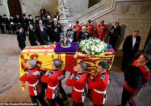 Camilla Queen Consort, Catherine, Princess of Wales, Sophie, Countess of Wessex and Meghan, Duchess of Sussex while bringing the casket of Queen Elizabeth II to Westminster Hall