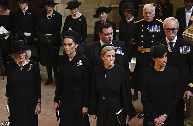 From left, British actress Camilla, Queen Elizabeth II, Kate, Princess of Wales, Sophie, Countess of Wessex and Meghan, Duchess of Sussex attended a mass to receive Queen Elizabeth II's coffin at Westminster Hall.