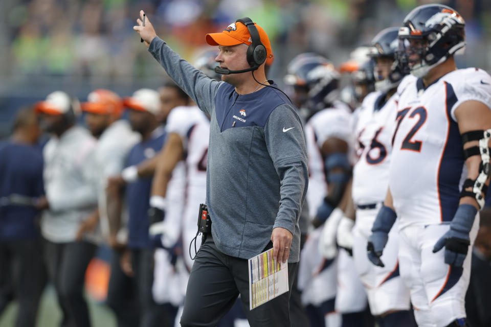 Denver Broncos coach Nathaniel Hackett was in the spotlight after Monday night's loss.  (AP Photo/John Froschauer)