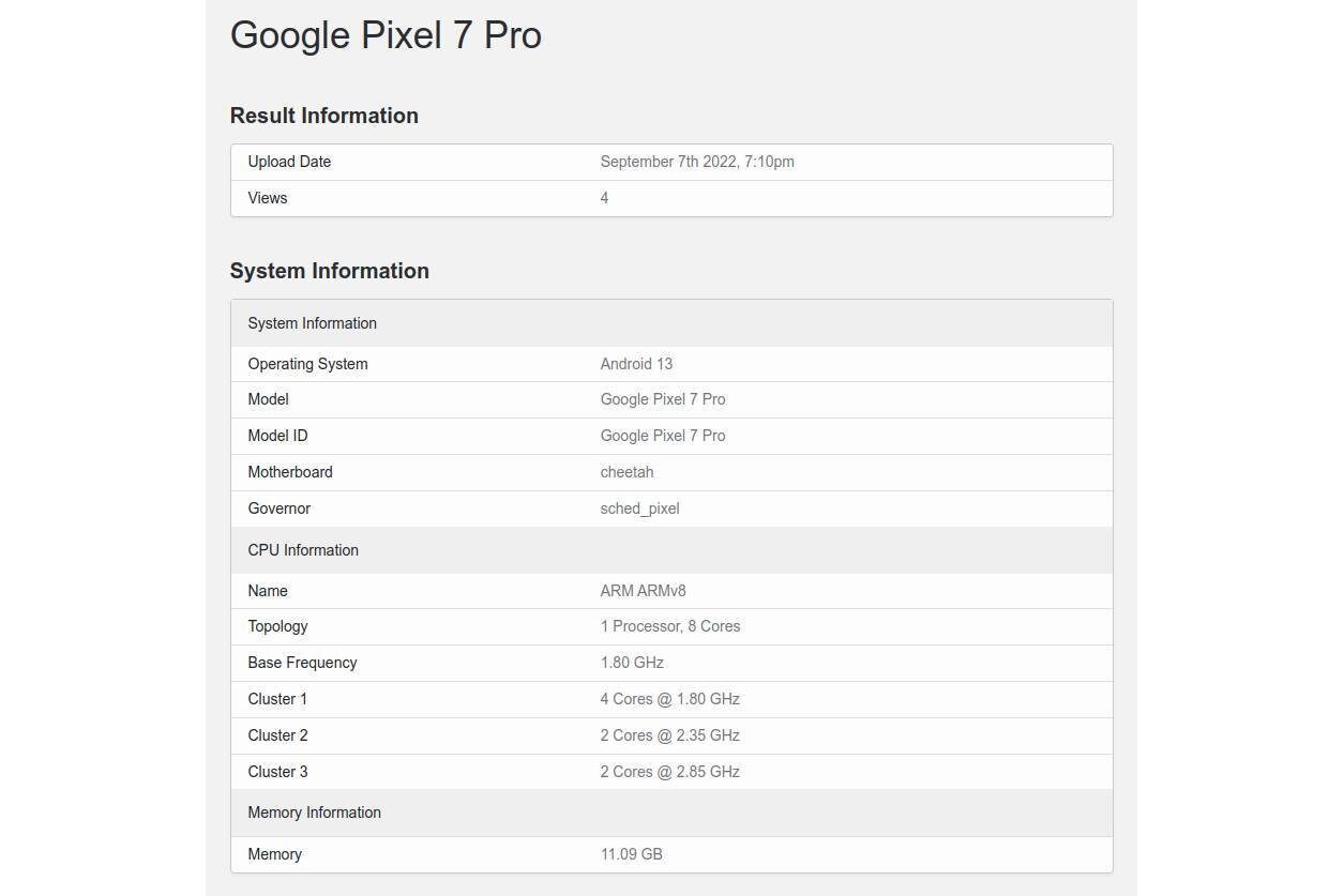 Alleged Pixel 7 Pro benchmark scores - Pixel 7 Pro benchmark reveals unchanging CPU specs and much-needed upgrade