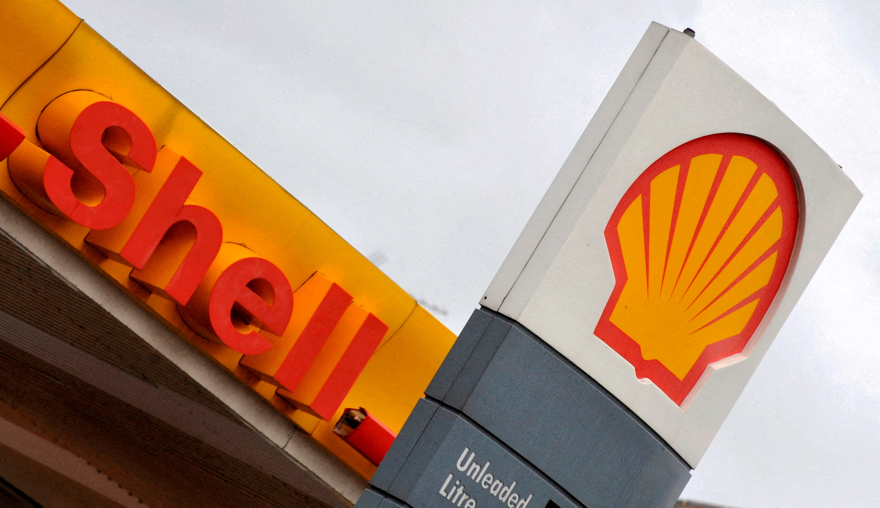 The Shell logo is located at a Shell gas station in London, Britain