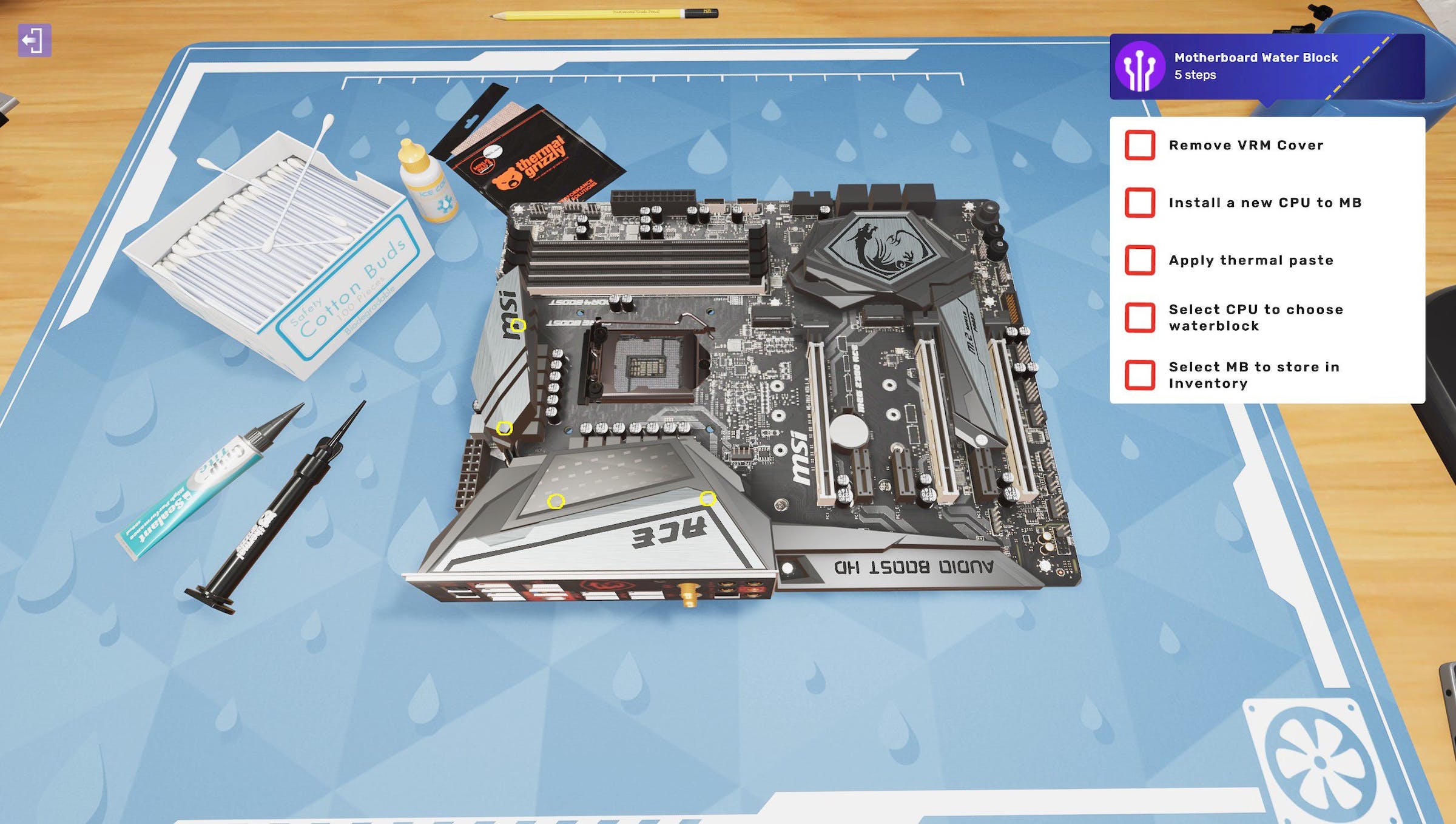 Screenshot of PC Building Simulator 2, showing the process of cooling the motherboard with water.