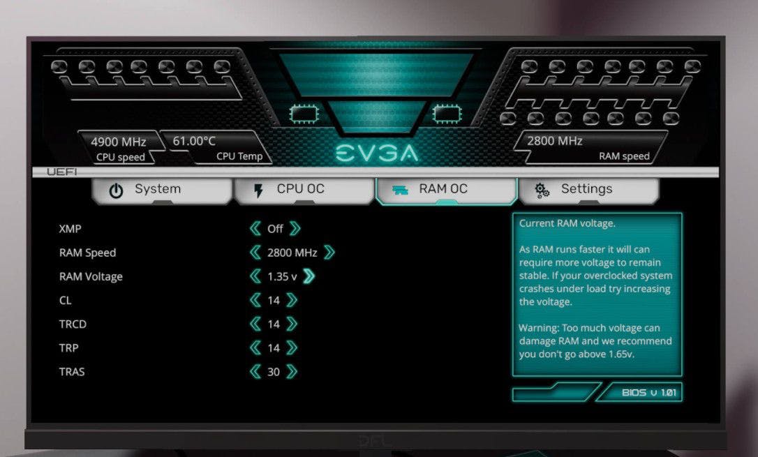 Screenshot of PC Building Simulator 2 showing BIOS for EVGA motherboard