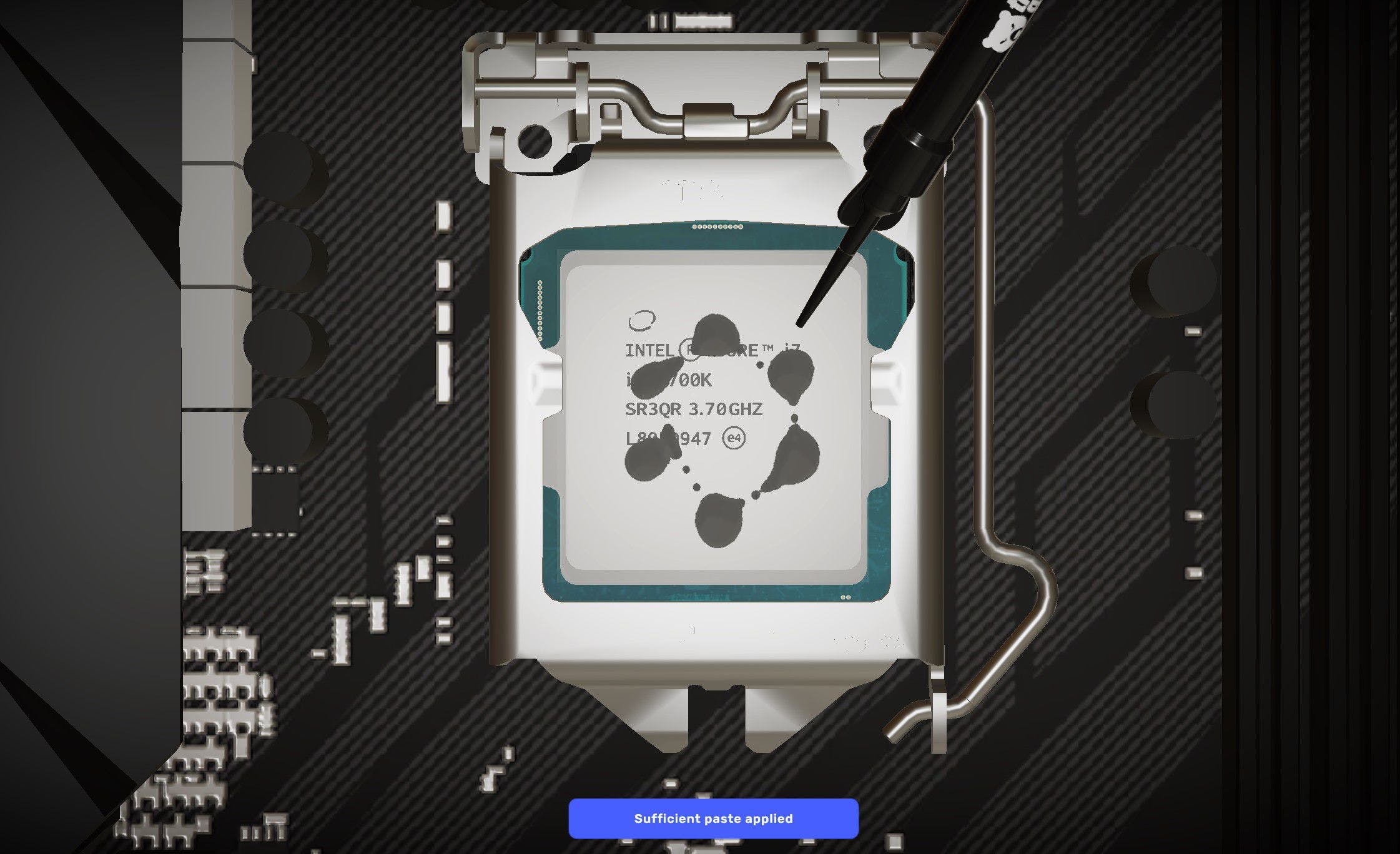 Screenshot of PC Building Simulator 2 showing thermal paste in action