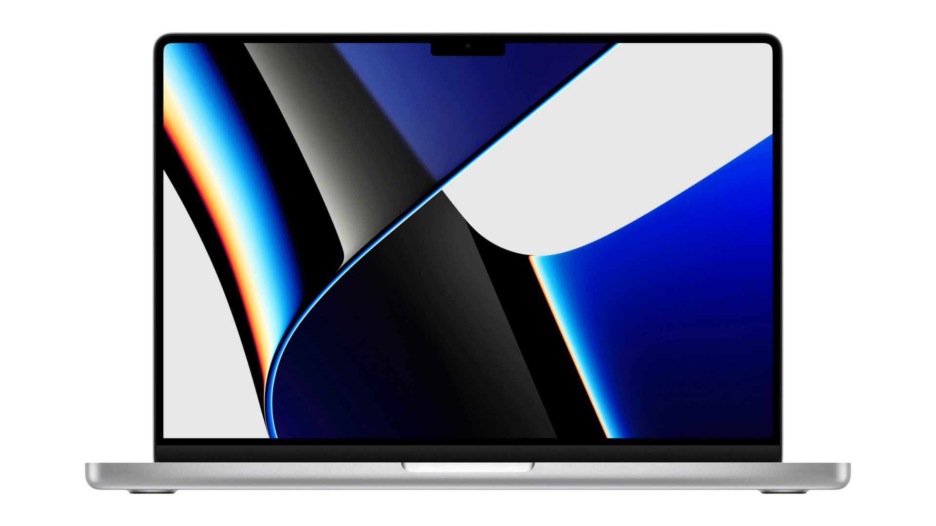 14-inch MacBook Pro (2021) on a white background, showing an abstract blue desktop wallpaper