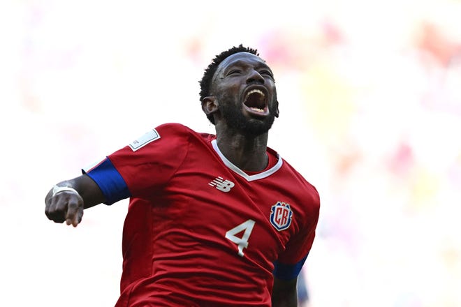Costa Rican defender Kesher Fuller celebrated scoring the first goal for his team during the Qatar 2022 match in Group E between Japan and Costa Rica at Ahmed Bin Ali Stadium in Al-Rayyan.