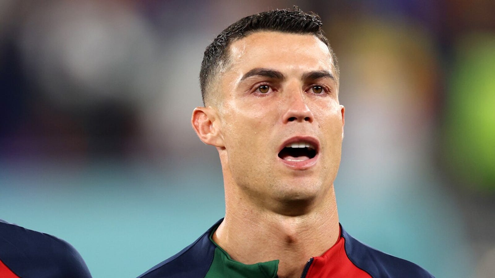 Cristiano Ronaldo crying during the Portugal national anthem