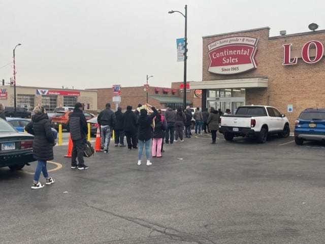 Shoppers line up waiting for Continental sales to open to buy expired or semi-expired foods, among other things.  With inflation nearing a 40-year high, people increasingly need to find a way to stretch their dollars.